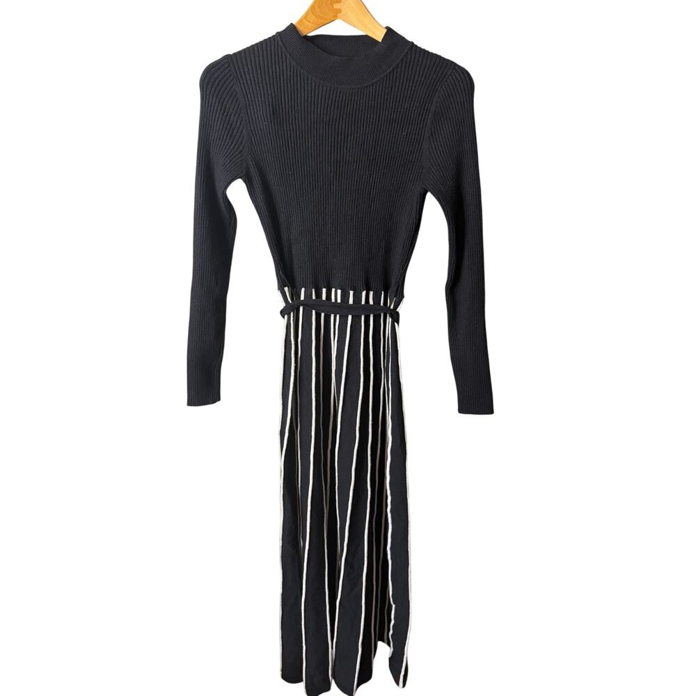 ZESICA TURTLENECK TIE WAIST RIBBED KNIT A LINE MIDI DRESSES